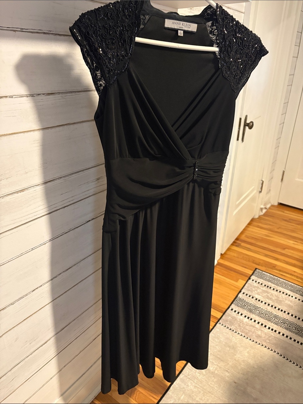 Anne Klein Black Beaded Cap-Sleeve Midi Dress
